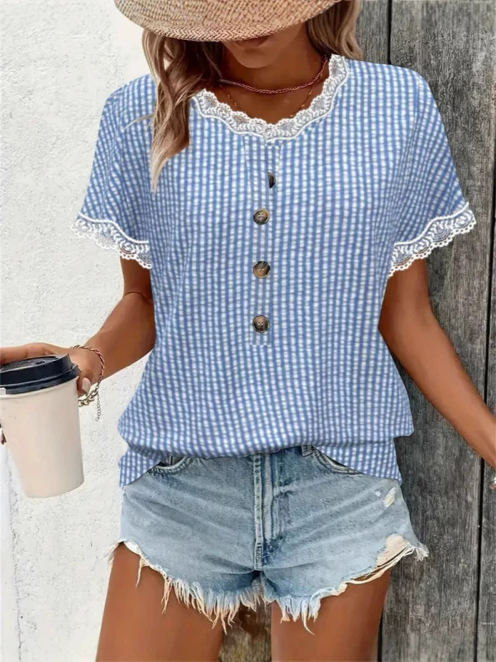 ZARA Feng Round Neck Lace Trim Striped Shirt
